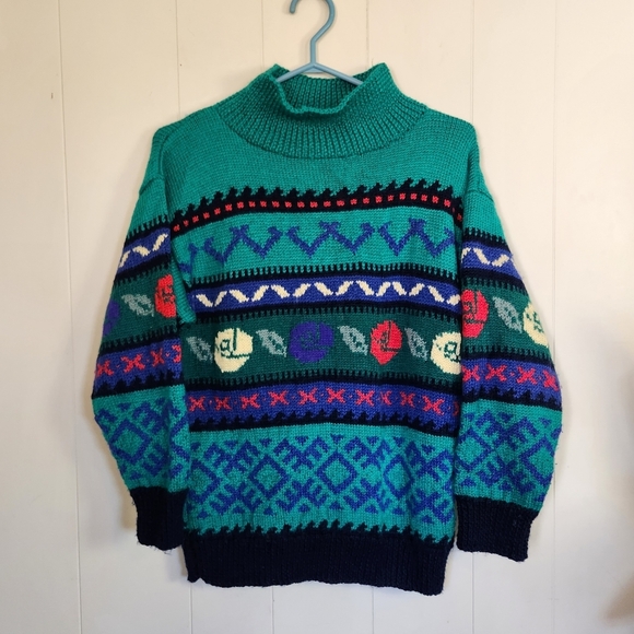 Vintage Sweaters - Vintage 90s Handmade Knit Slouchy Green Sweater Mock Neck Winter Cabin 1990s